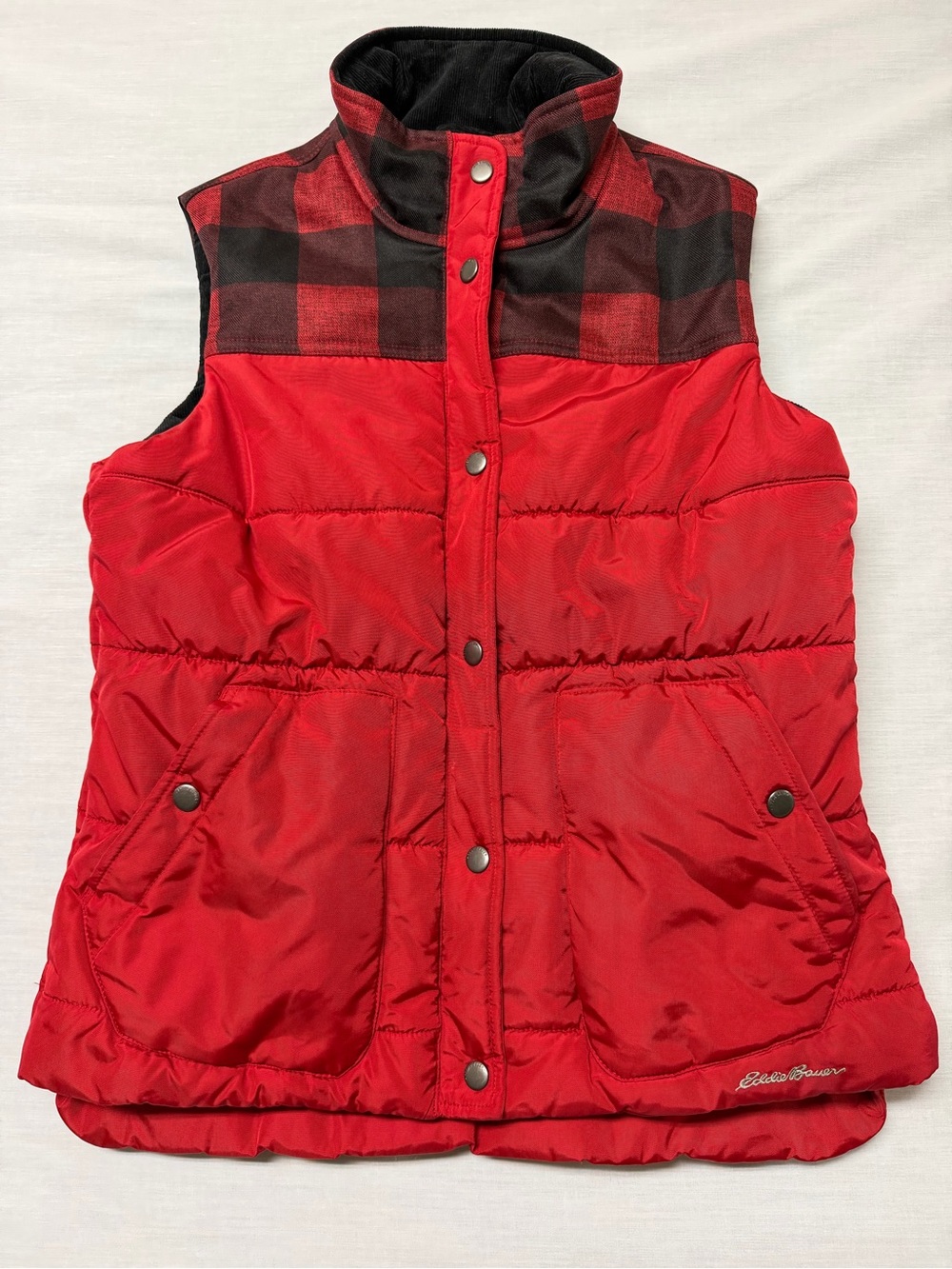 Eddie Bauer Red Puffer Vest with Black Red Buffalo Plaid Yoke Womens Medium